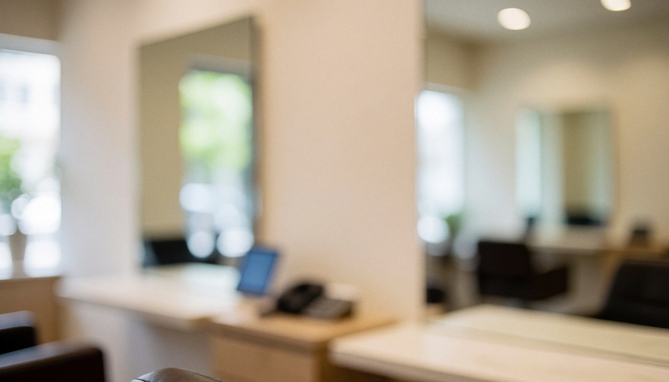 Empty beauty salon workspace featuring work tables, wall-mounted mirrors, recessed lighting, beige walls, and styling chairs, suitable for commercial text overlays.