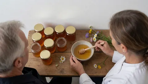 A honey dipper spoon rests in a bowl on a rustic wooden table alongside honey jars and wildflowers.