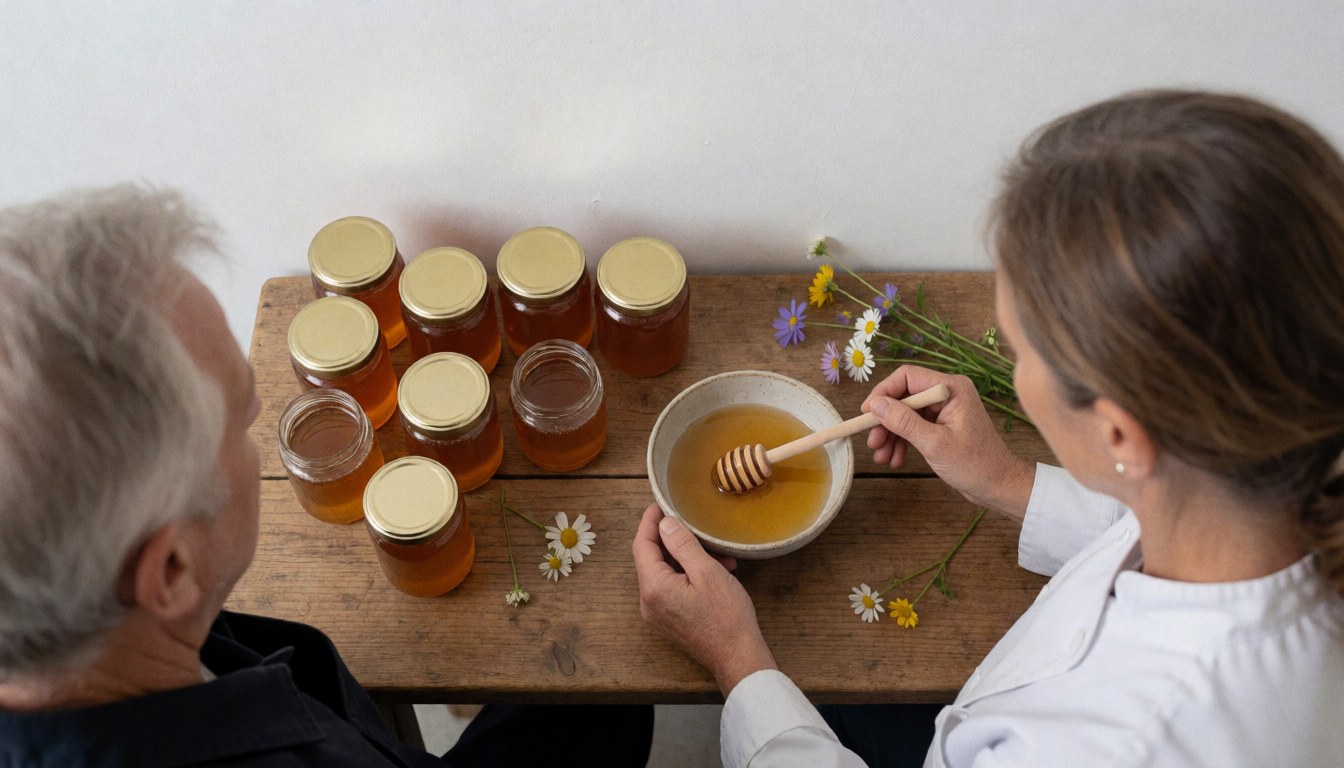 A honey dipper spoon rests in a bowl on a rustic wooden table alongside honey jars and wildflowers.