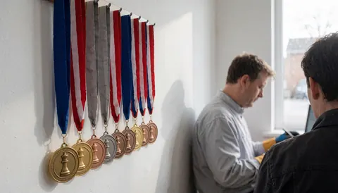 Chess medals with pawn figures hanging on a white wall with two people working in the background with natural light