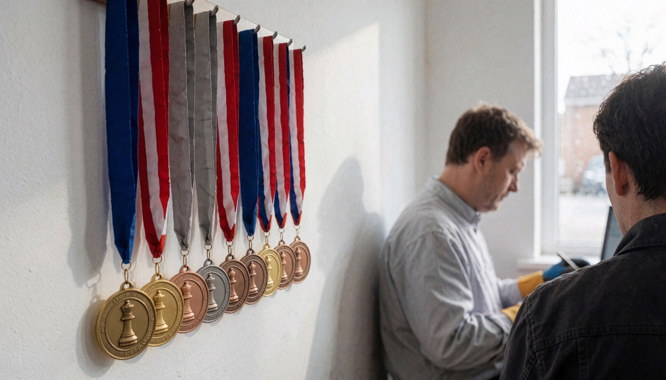 Chess medals with pawn figures hanging on a white wall with two people working in the background with natural light
