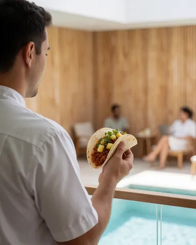 A relaxed guest enjoys a taco al pastor with pineapple and cilantro next to a light wood-walled pool at a resort.
