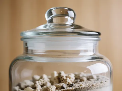 Transparent glass jar filled with coral and sand placed on a light wooden surface, suitable for underwater photography product displays