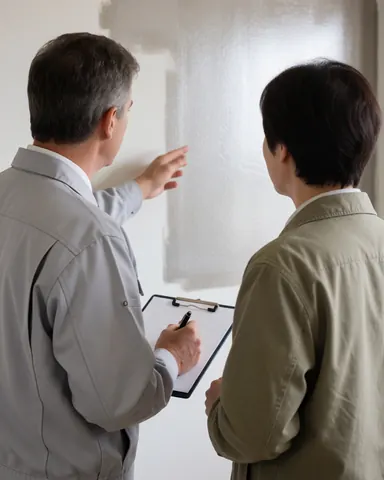Painter displaying a metallic paint finish on a freshly painted wall to a client holding a clipboard.