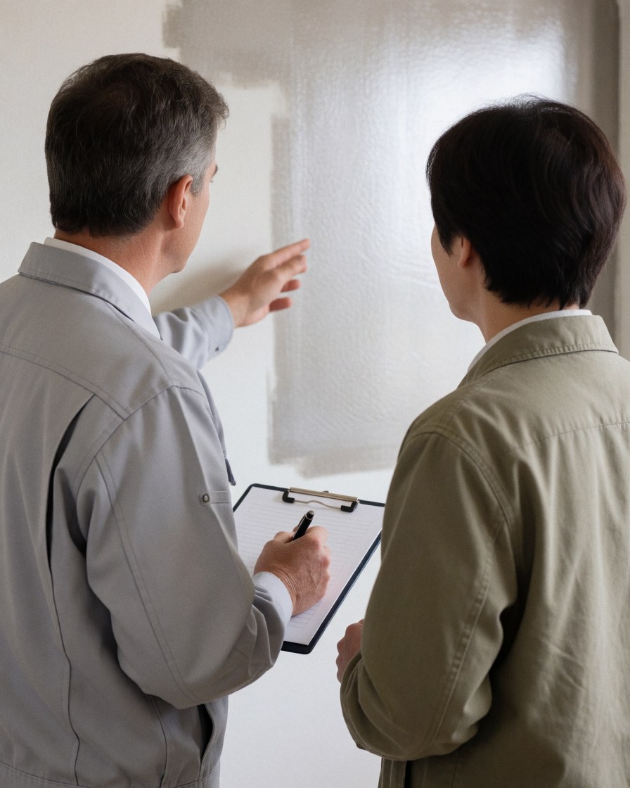 Painter displaying a metallic paint finish on a freshly painted wall to a client holding a clipboard.