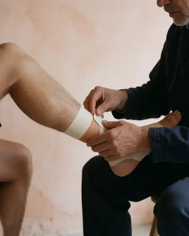 Coach applying athletic tape to athlete leg in training room with light plaster walls and natural light