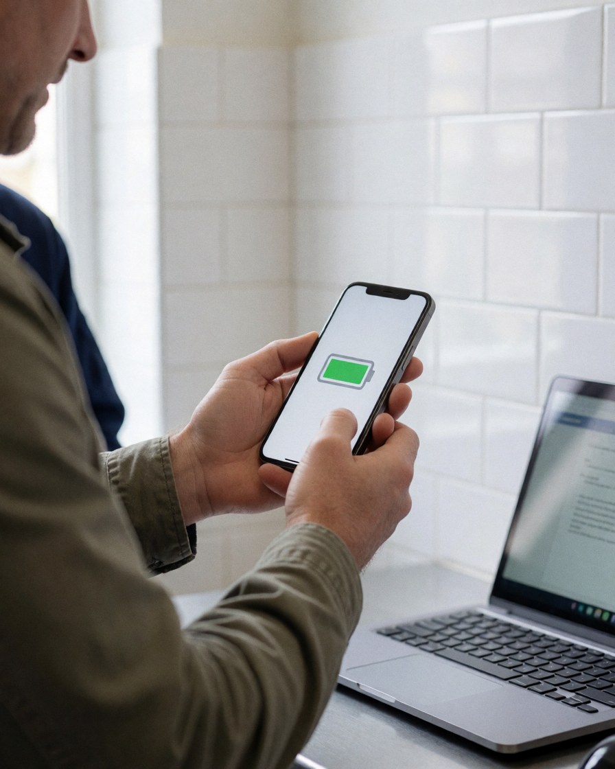Close-up of hands inspecting a mobile phone battery with white tiled walls in the background, realistic scene for phone repair services.