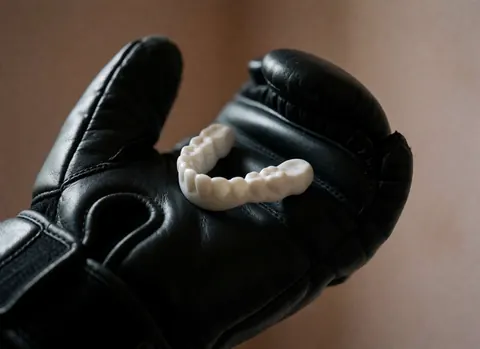 Close-up of a white dental mask resting on a black boxing glove against a terracotta plaster wall with dramatic lighting