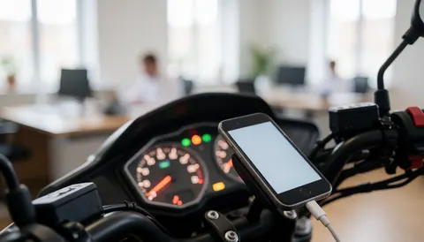 Motorbike taxi dashboard with connected charging phone and illuminated lights, blurred office background.