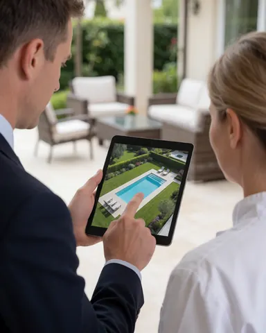Agent displays aerial pool view on tablet to client in patio setting