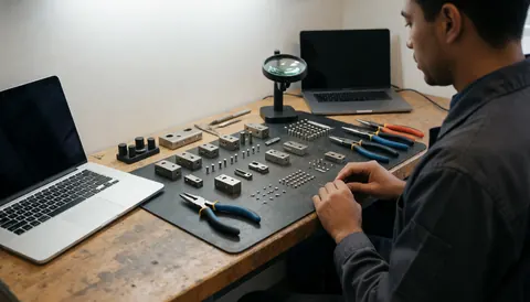 Professional locksmith assembling metal components in a workshop using a magnifying glass and tools to ensure precision and order.