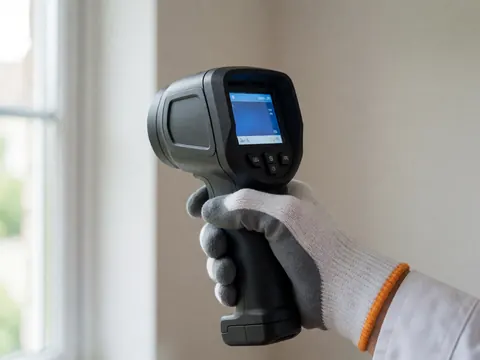 A gloved hand holds a thermal imaging camera to inspect a window for thermal insulation services.