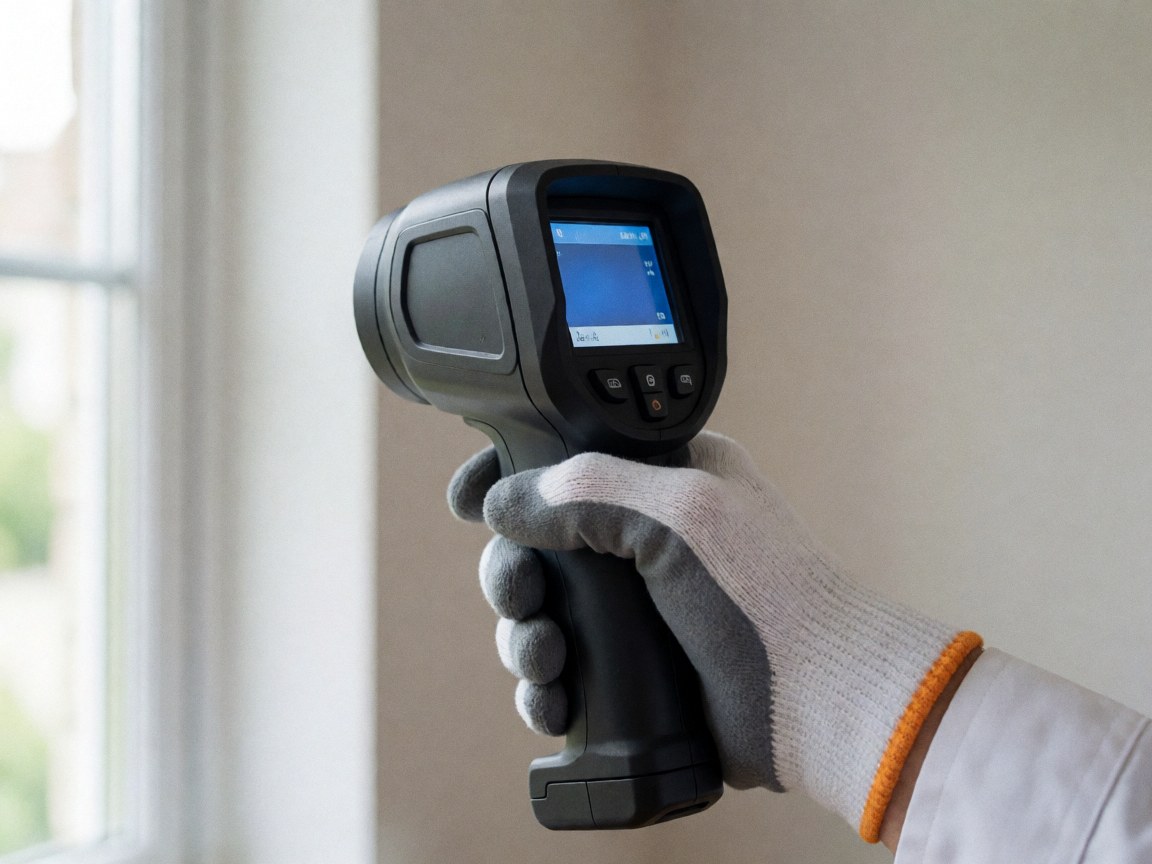 A gloved hand holds a thermal imaging camera to inspect a window for thermal insulation services.