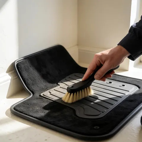 Close-up of a hand using a stiff-bristled brush to clean a black car floor mat on a white surface with natural light