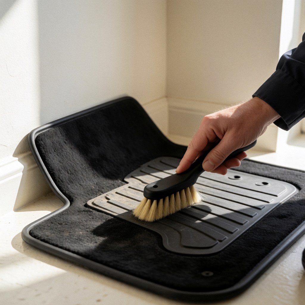 Close-up of a hand using a stiff-bristled brush to clean a black car floor mat on a white surface with natural light