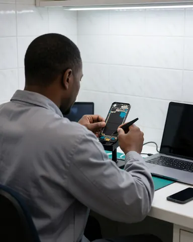 Technician using tweezers to repair a disassembled smartphone in a workshop with white tiled walls and a laptop nearby