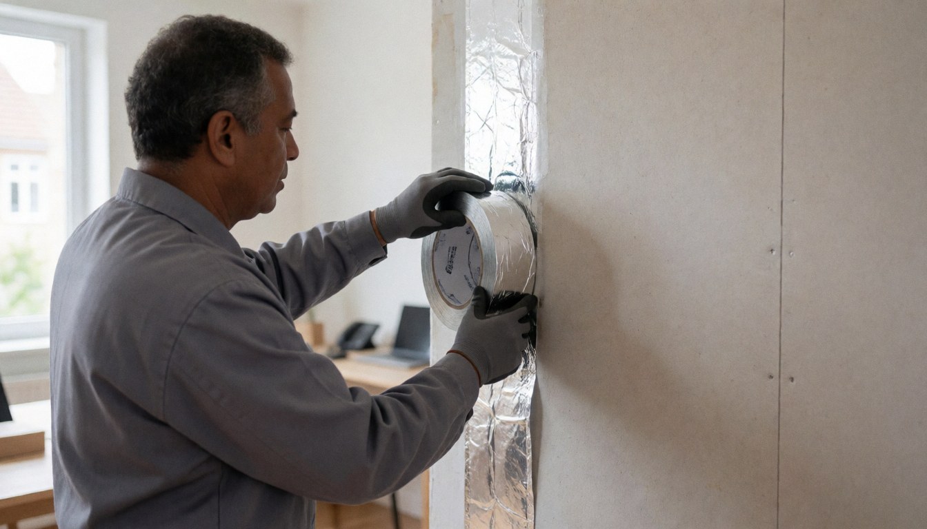 A technician applies aluminum tape to a thermal insulation joint on a white wall under natural light, with copy space available.