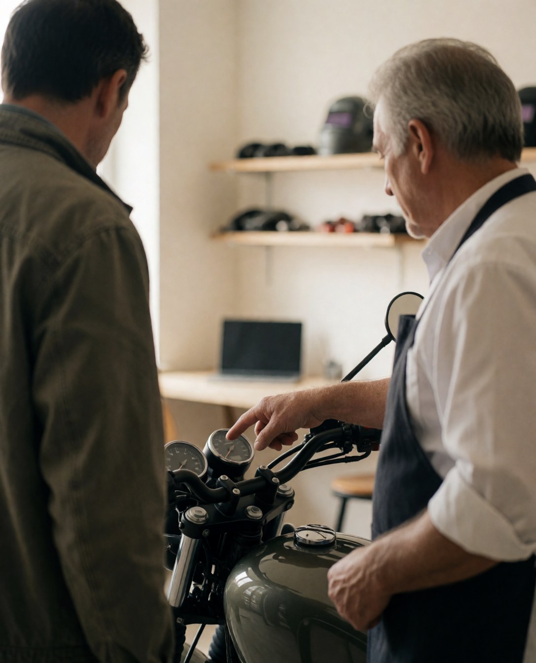Mechanic in an apron pointing at motorcycle handlebars while a customer watches in a workshop with white walls and spare parts shelves