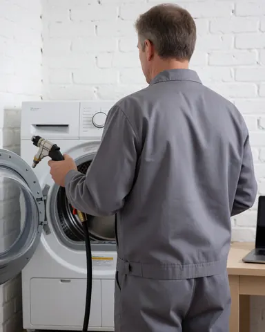 Technician in gray uniform preparing an ignition cable inside an open dryer against a white brick wall.