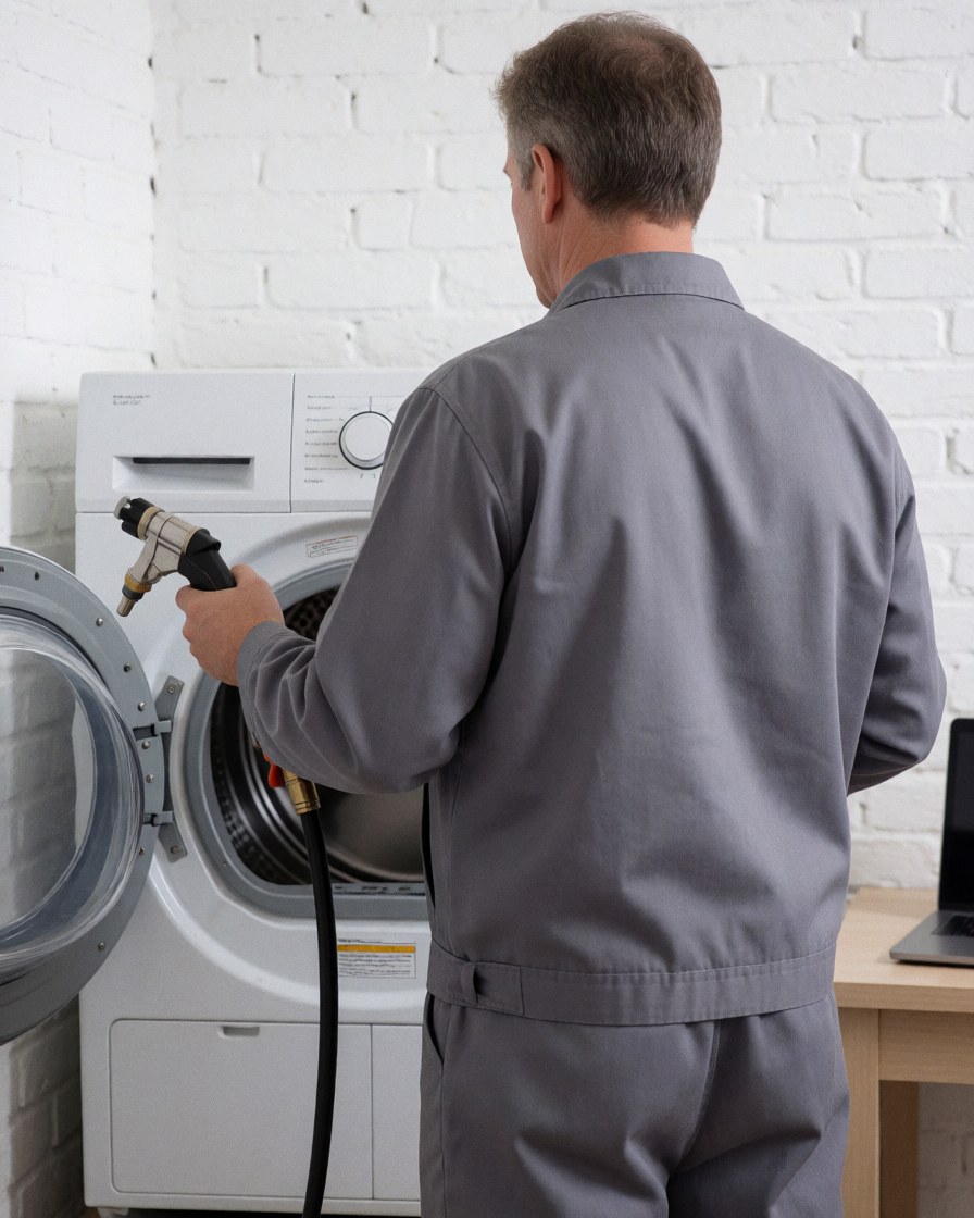 Technician in gray uniform preparing an ignition cable inside an open dryer against a white brick wall.