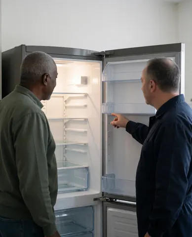 Technician and client inspect the clean interior of an open refrigerator in a bright kitchen with white walls.