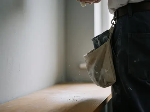 Close-up of a chalk bag containing white powder resting on a wooden surface, illuminated by natural light for an adventure park setting.