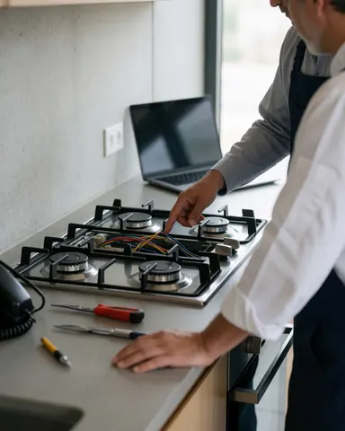 Technician explaining kitchen repair with exposed wiring while a customer stands by the counter in a modern kitchen with concrete walls