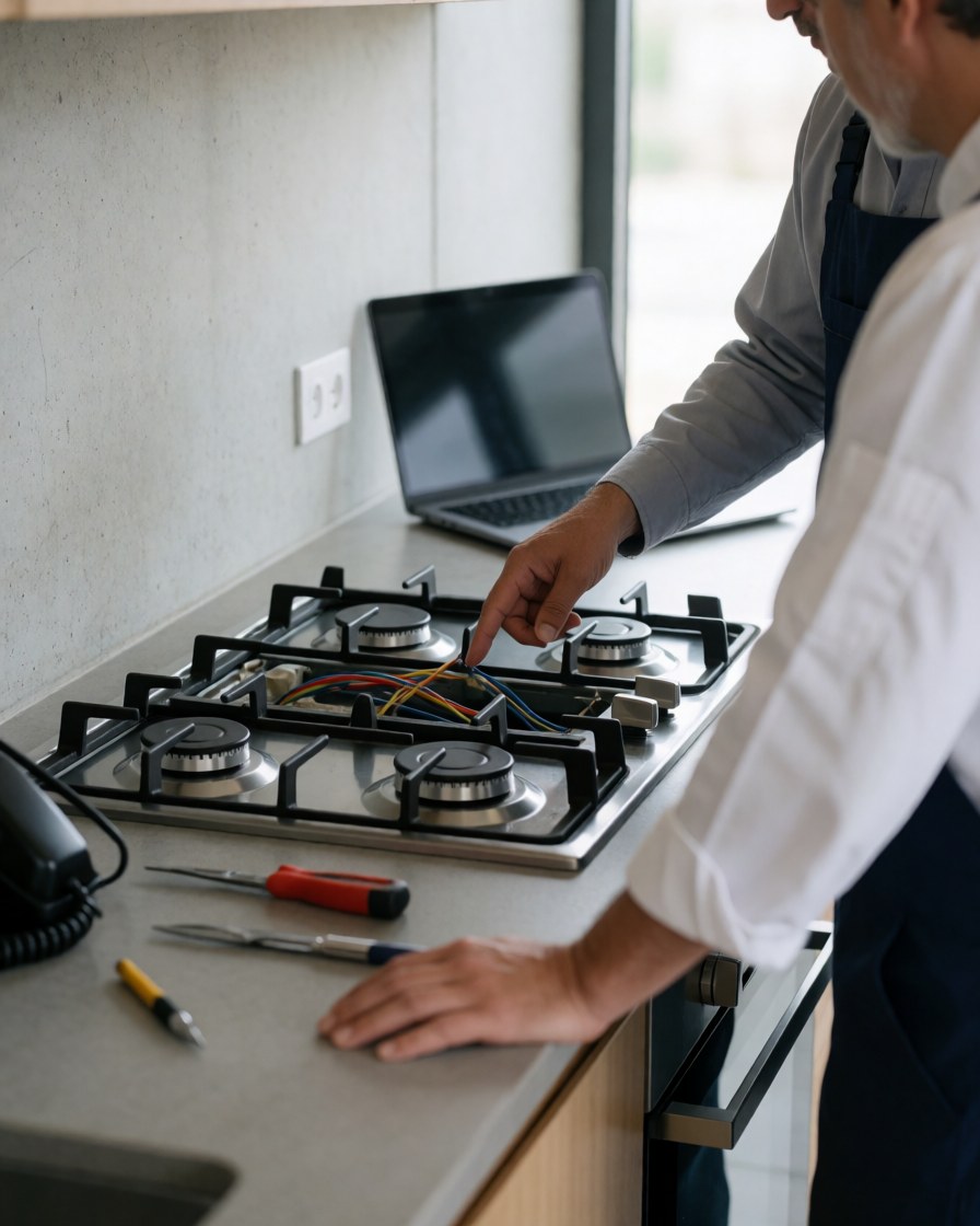 Technician explaining kitchen repair with exposed wiring while a customer stands by the counter in a modern kitchen with concrete walls