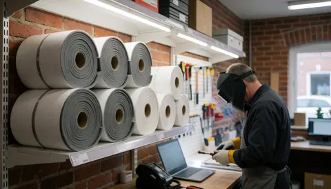 Rolls of polyurethane foam displayed on a store shelf with a brick wall background and a worker wearing a welding helmet nearby