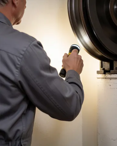 Technician inspects elevator traction pulley with flashlight against white wall with warm lighting
