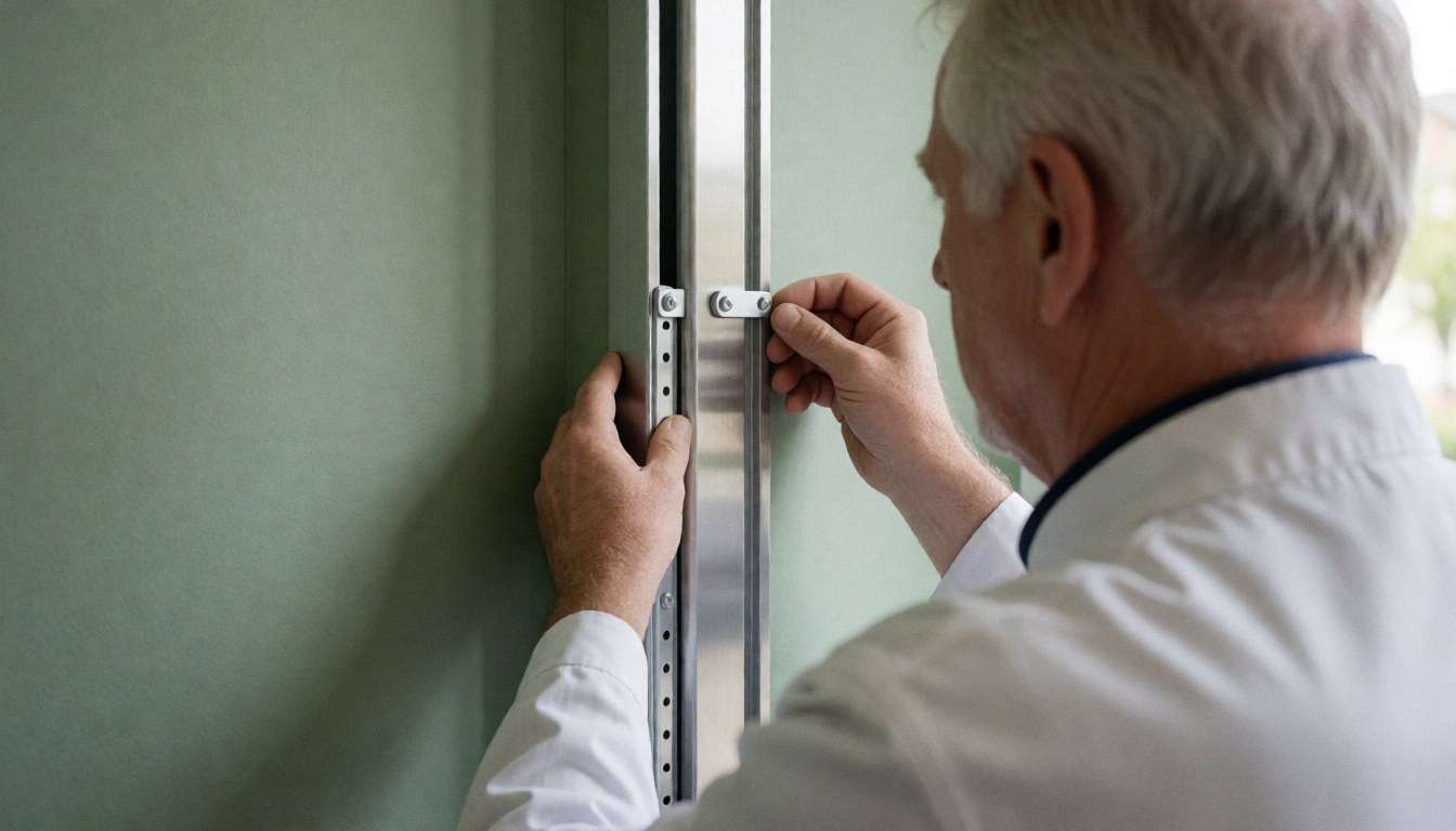 Installer adjusting metal awning structure against a green wall during installation