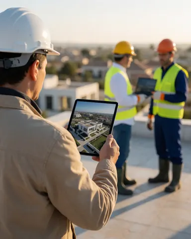 A customer wearing a white helmet checks an aerial view on a tablet while standing on a luxury construction roof with workers in the background.