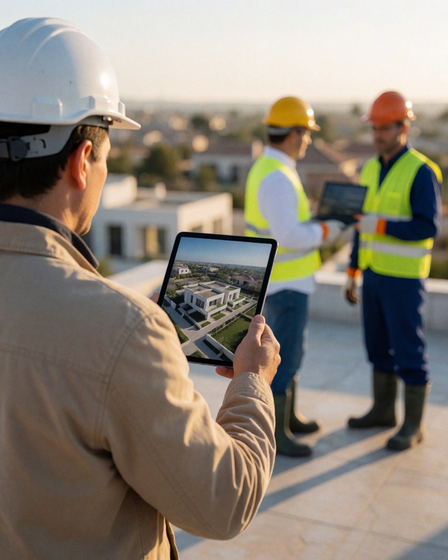 A customer wearing a white helmet checks an aerial view on a tablet while standing on a luxury construction roof with workers in the background.