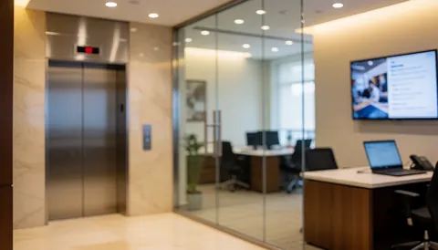 Steel elevator in a lobby with marble walls and glass offices, warm lighting, ideal for elevator repair services.