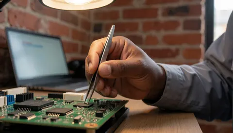 Close-up of a hand using tweezers to adjust a component on a printed circuit board with a brick wall and laptop in the background