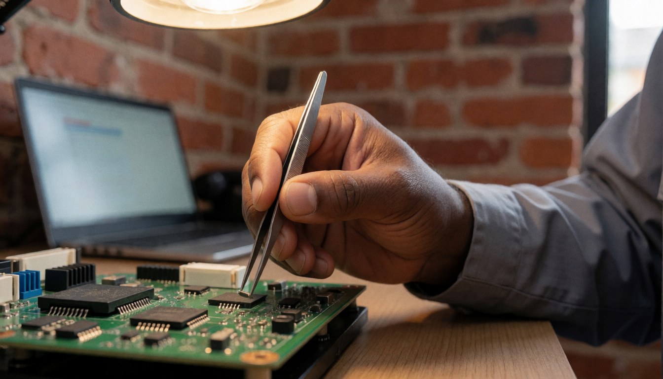 Close-up of a hand using tweezers to adjust a component on a printed circuit board with a brick wall and laptop in the background