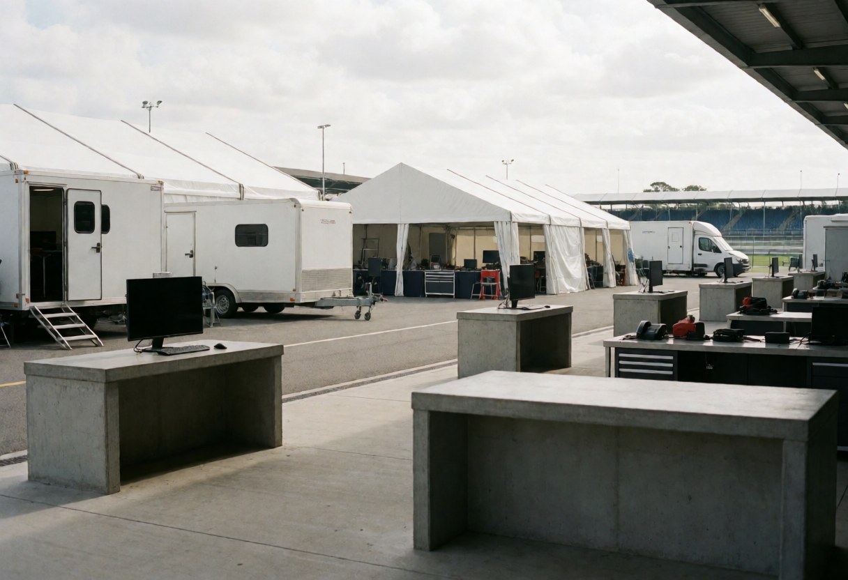 White tents and concrete workstations under natural light at a motorsport circuit, ideal for sports events