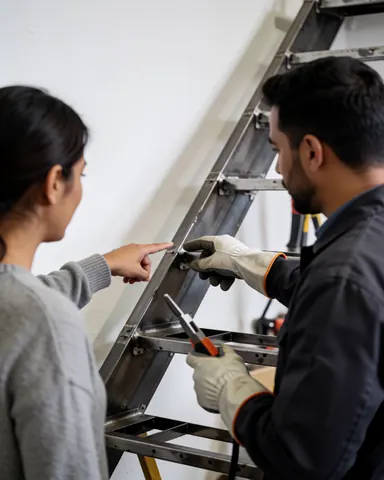 Customer points out details on a metal ladder while a worker adjusts it with tools in a workshop.