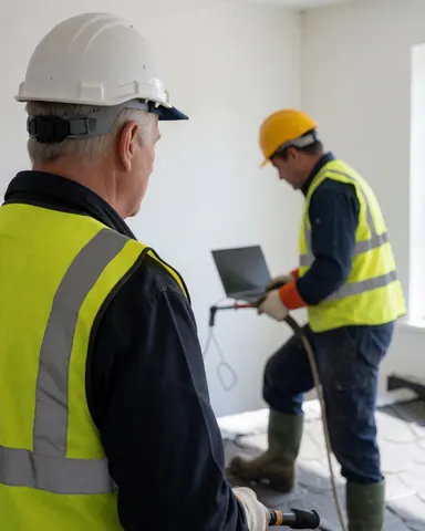 A supervisor wearing a white hard hat observes a worker using a laptop and tools on a white wall.