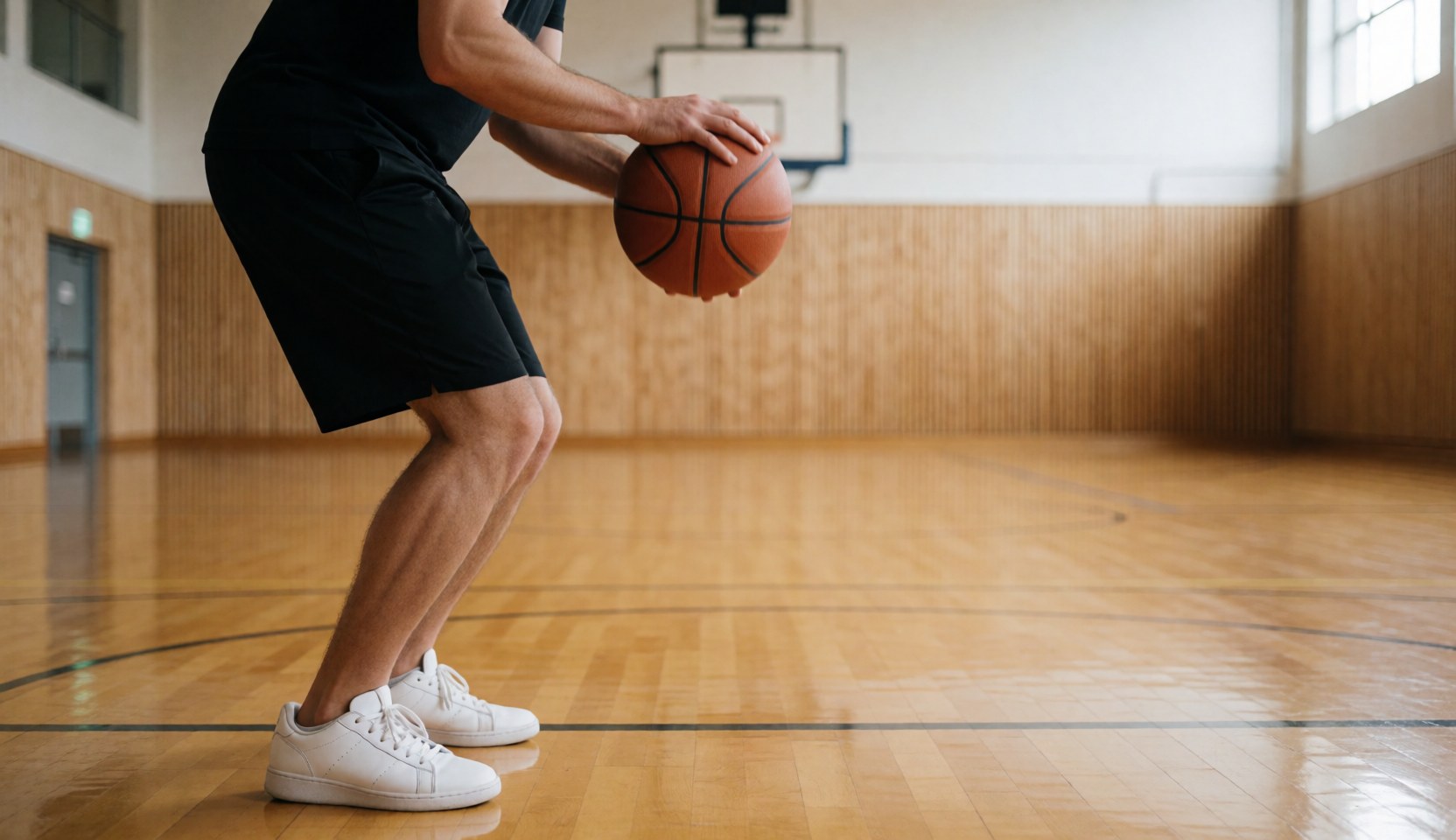 Adult basketball player in free throw pose holding ball on polished wooden court with slat walls and hoop in background