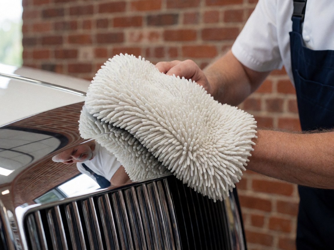 Close-up of a soft white towel wiping a shiny chrome car door handle against a red brick wall background