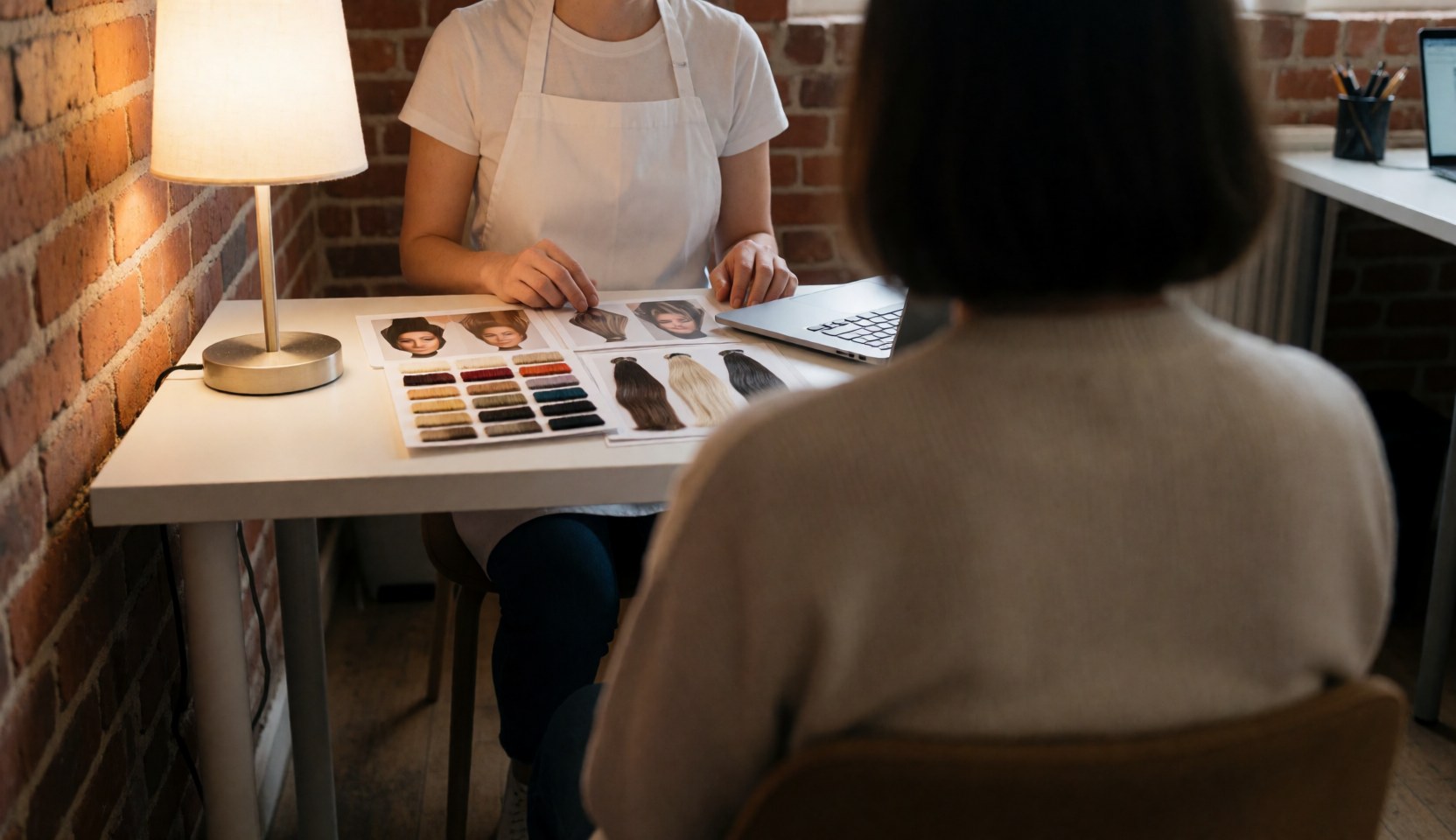 Stylist holding hair color swatches during a consultation with a client in a warm-lit room with a brick wall and text space