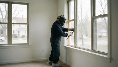 Technician adjusting a window frame using a tool in a bright interior with white walls and natural light
