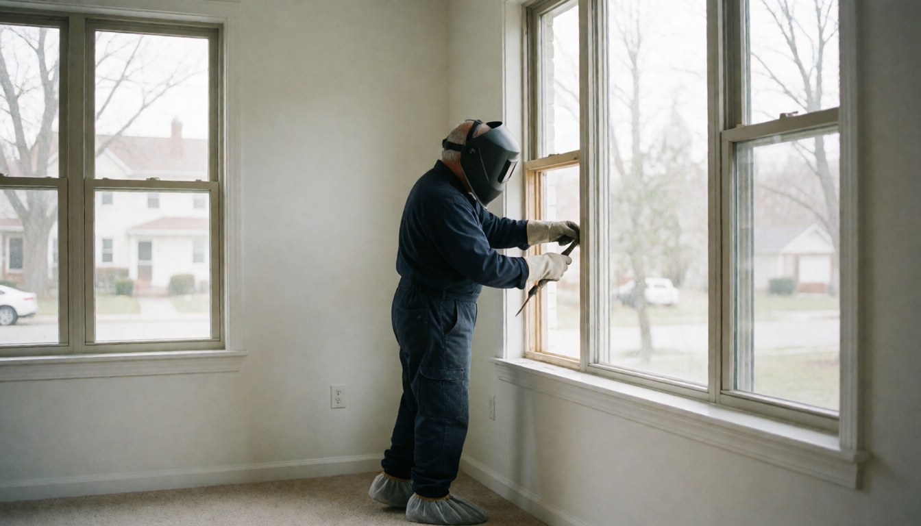 Technician adjusting a window frame using a tool in a bright interior with white walls and natural light