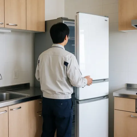 A freight installer positions a white refrigerator in a modern kitchen with wooden cabinets and a stainless steel countertop.