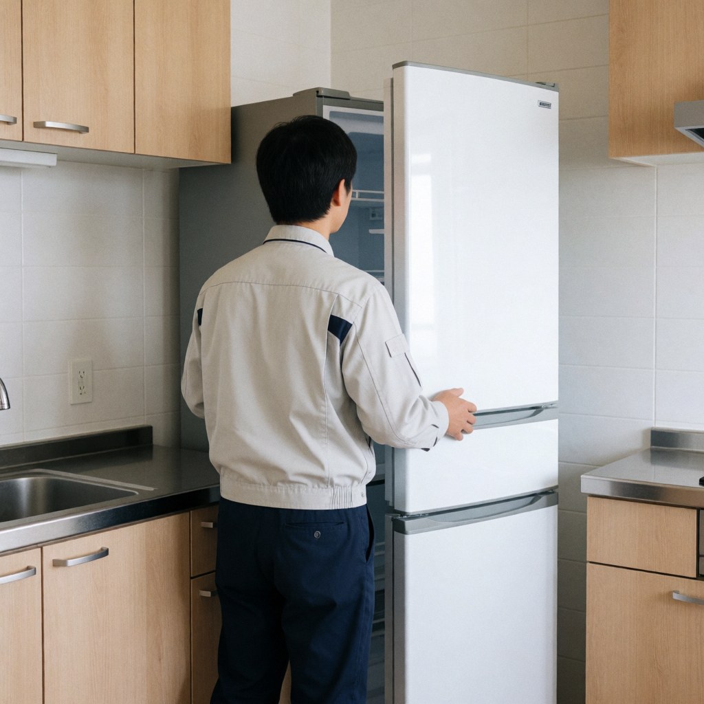 A freight installer positions a white refrigerator in a modern kitchen with wooden cabinets and a stainless steel countertop.