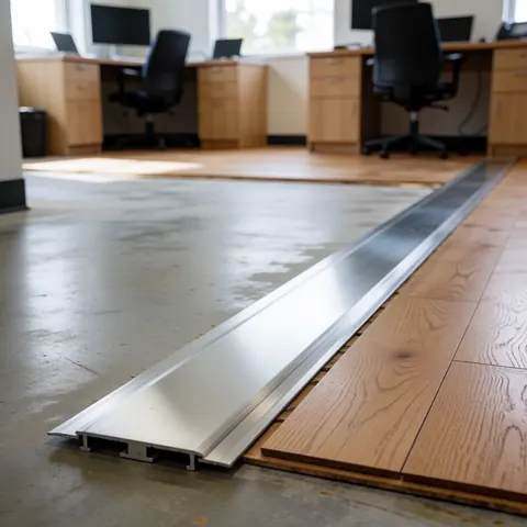 Close-up of a metal transition strip installed between a concrete floor and hardwood flooring, highlighting the seam for flooring installers.