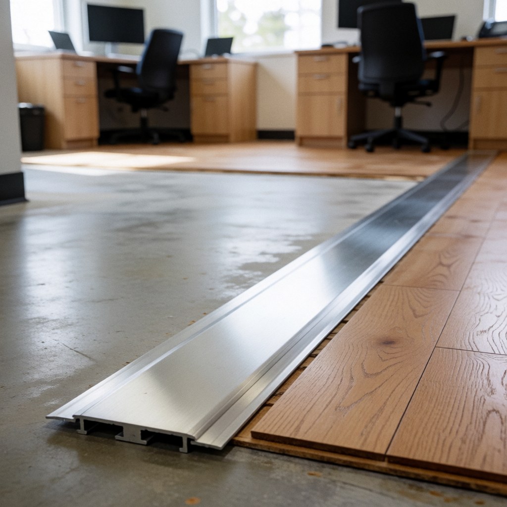 Close-up of a metal transition strip installed between a concrete floor and hardwood flooring, highlighting the seam for flooring installers.