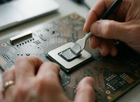 Close-up detail of thermal paste being applied precisely to a microprocessor on a motherboard during mobile repair