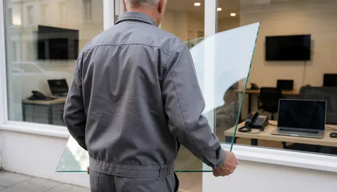A glass installer carries a large transparent glass sheet toward an office window, reflecting the interior with desks and computers.